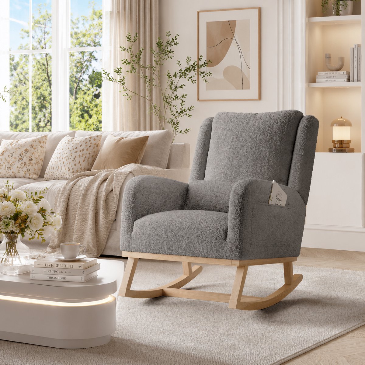 Schommelstoel - Verpleegstoel met lendenensteun & Opbergvakken - Relaxstoel babykamer met verdikt kussen - Massief houten poten - voor Woonkamer of Slaapkamer - Teddy Donkergrijs