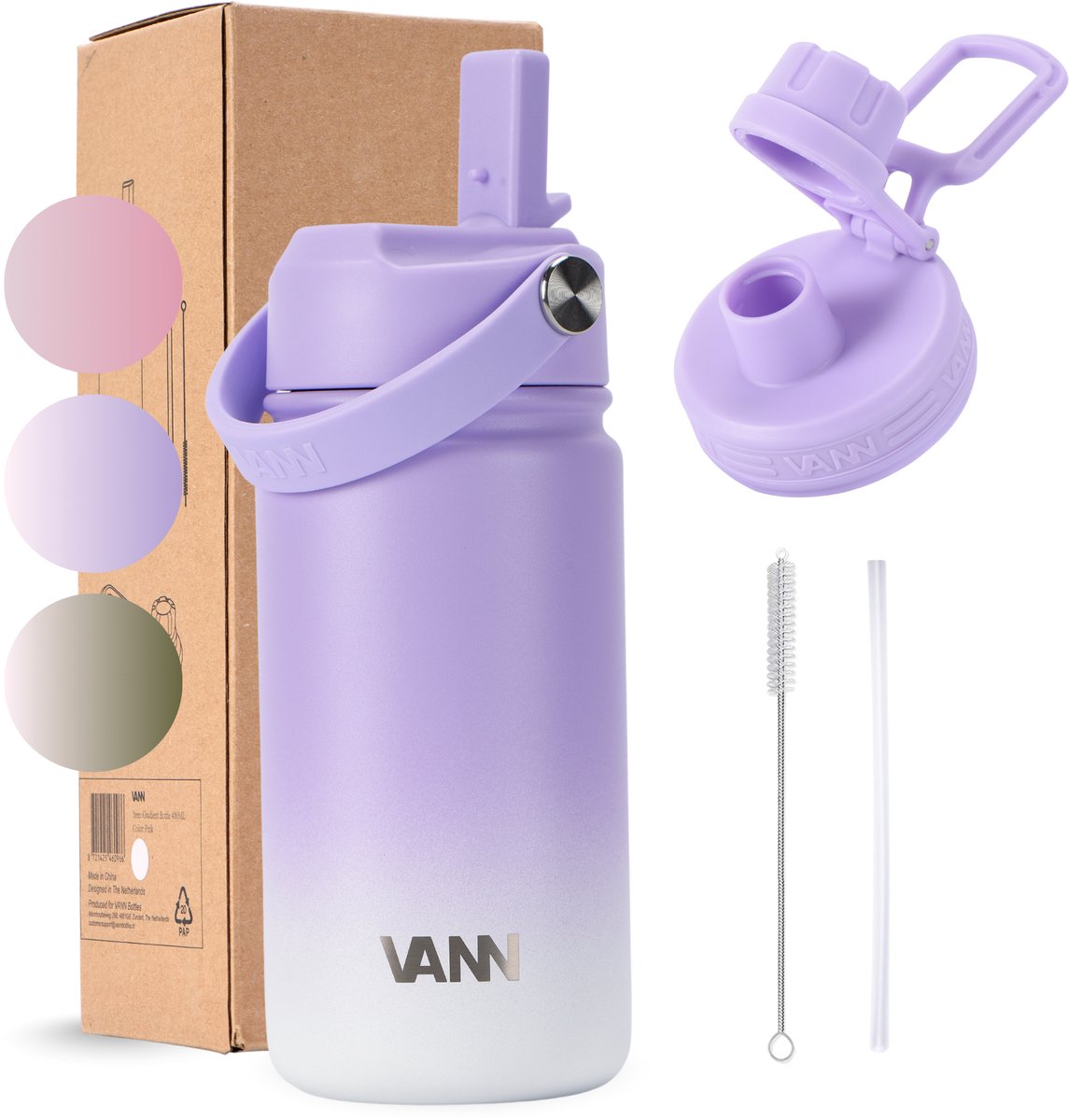 VANN® RVS Drinkfles 400 ML met rietje voor volwassenen en kinderen – 3-Wandig – Met 2 doppen – Thermosfles – 12 uur warm/24 uur koud – VANN Gradient Bottle