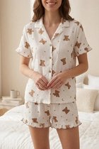 Jane Wolf Zomerse Dames Pyjama Set - Korte Mouwen & Short met Ruches - Tweedelig Doorknoop Huispak met Beertjesprint - Creme/Bruin 8073 Maat XL
