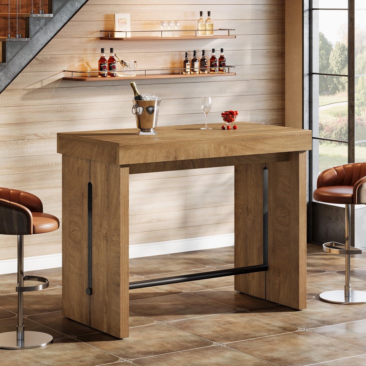 Little Trees Rechthoekige Bartafel - 105 x 50 x 95 cm - Rustiek Bruin - Metaal Voetsteun - Hoge Bistro Tafel - Voor Keuken En Eetkamer Thuisgebruik