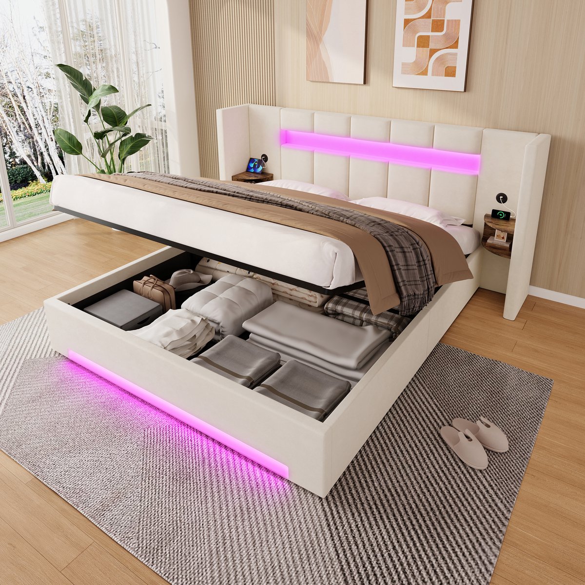 STILVORA Gestoffeerd Bed 160x200 cm – USB En LED – Hydraulische Opbergruimte En Retro Kastjes – Zonder Matras – Fluweel – Beige