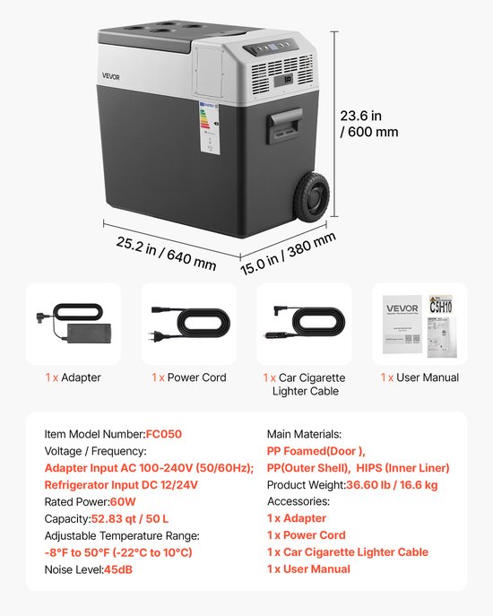 VEVOR Compressor Koelbox 50L, Autokoelkast met Handvat, App-bediening & Wielen, 12V/24V DC, 100–240cV AC, -22°C tot 10°C, Elektrische Vriesbox voor Vrachtwagens, Bestelwagens, Campers, SUV's & Kamperen van Vevor — afbeelding 3
