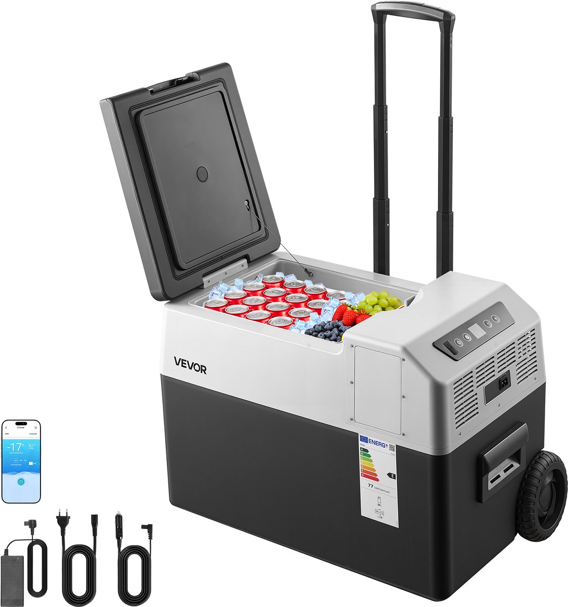 VEVOR Compressor Koelbox 30L, Autokoelkast met Handvat, App-bediening & Wielen, 12V/24V DC, 100-240V AC, -22°C tot 10°C, Elektrische Vriesbox voor Vrachtwagens, Bestelwagens, Campers, SUV's, Reizen & Kamperen