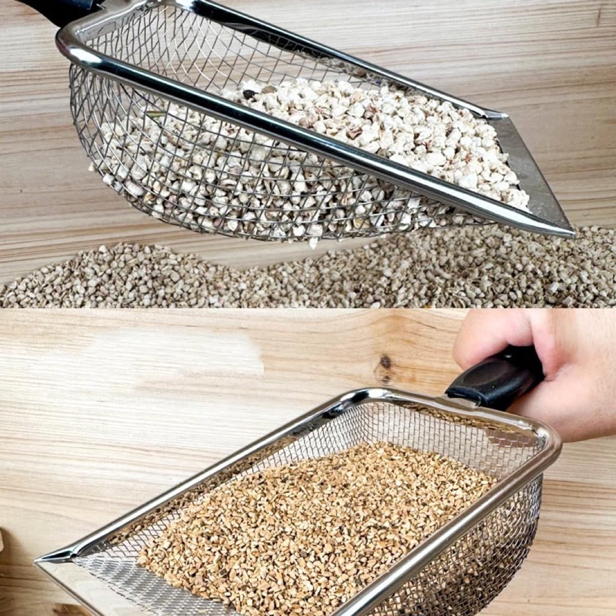 Katzenstreuschaufel aus Edelstahl, 27,5 x 10 cm, Streuschaufel für Katzenklo mit Ergonomischem Griff, 105g, 2X2mm Mesh