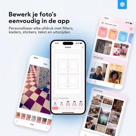 Bewerk je foto's eenvoudig in de app. Personaliseer met filters, kaders, stickers, tekst. ID foto sjabloon.