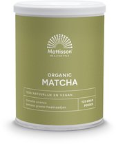 Groene Mattisson biologische matcha poeder in blik.