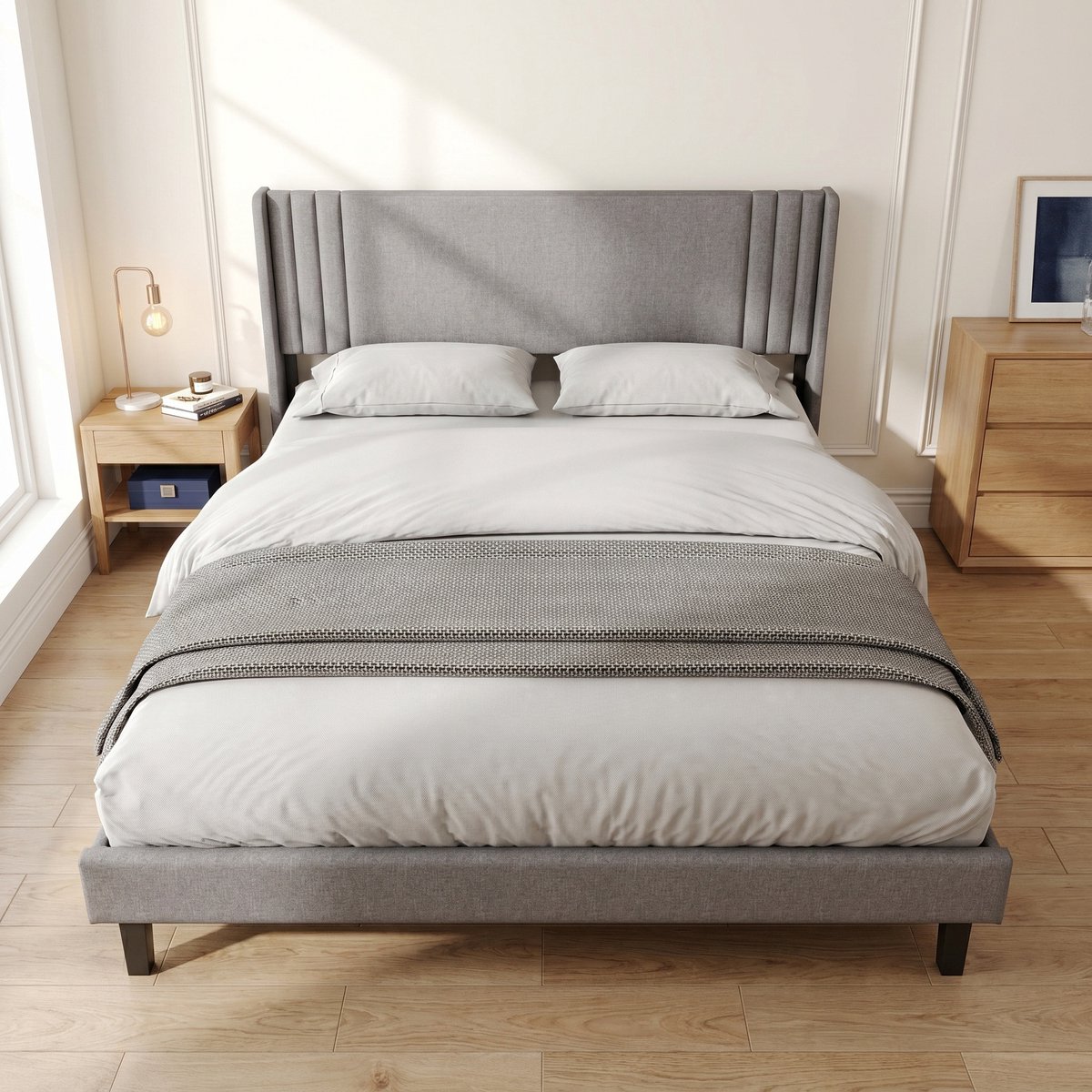 Tweepersoonsbed 160x200 cm met hoofdbord en opbergruimte - Metalen frame en houten lattenbodem - Linnen stof - Moderne stijl - Grijs