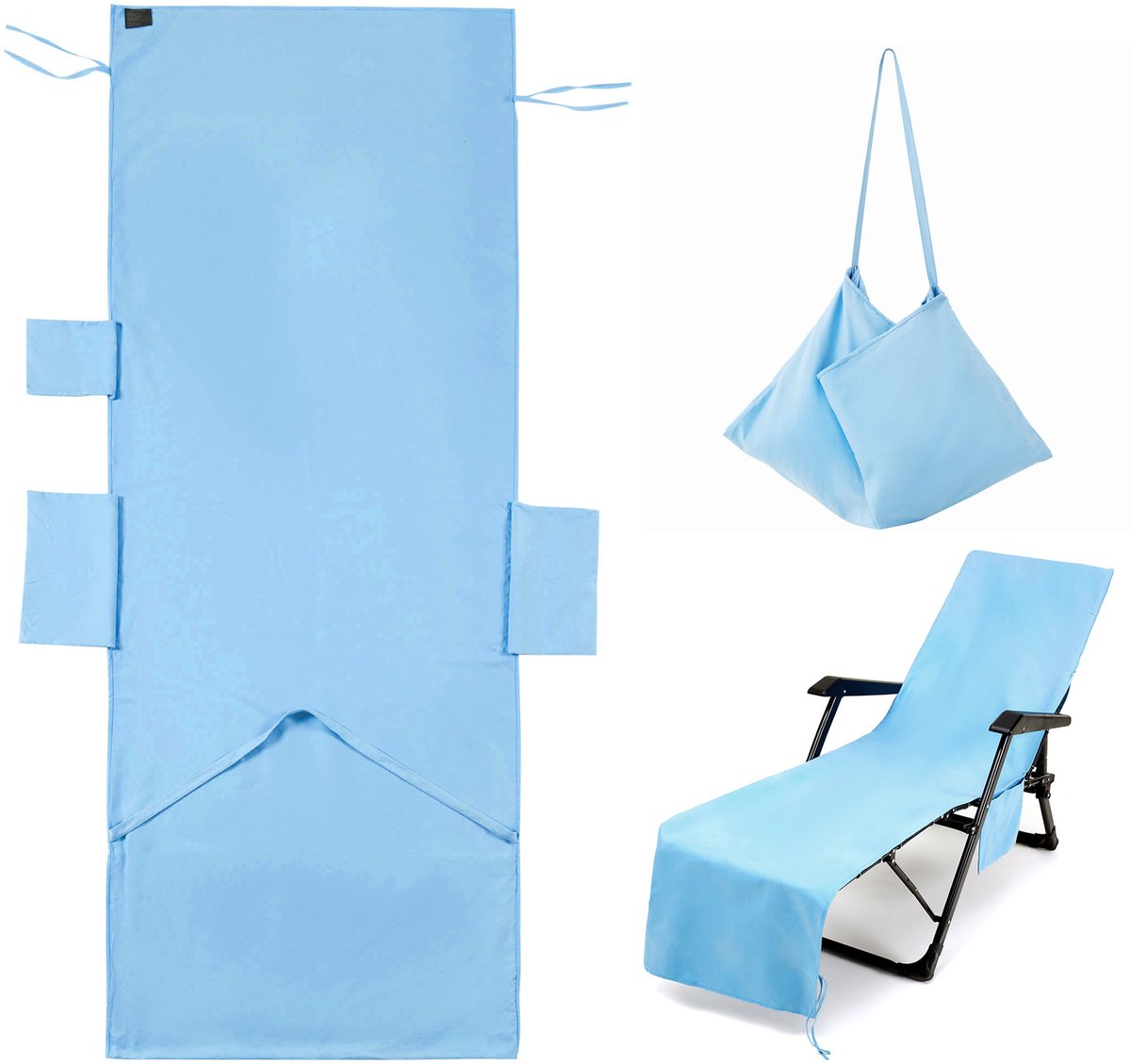 VHV Strandstoelhoes - Ligstoelhoes - Handdoekhoes - Hoes met opbergvakken - Ligstoel handdoekhoes - Opvouwbare stoelhoes - Stoelhoes voor zwembad - Strandstoel organizer - Voor strand - Voor zwembad - Voor tuin Blauw