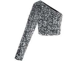Gimme - Glitter One-Shoulder Top – Fonkelende Asymmetrische Top – Modieus Shirt voor een Feestelijke Look - Zilver - Maat L