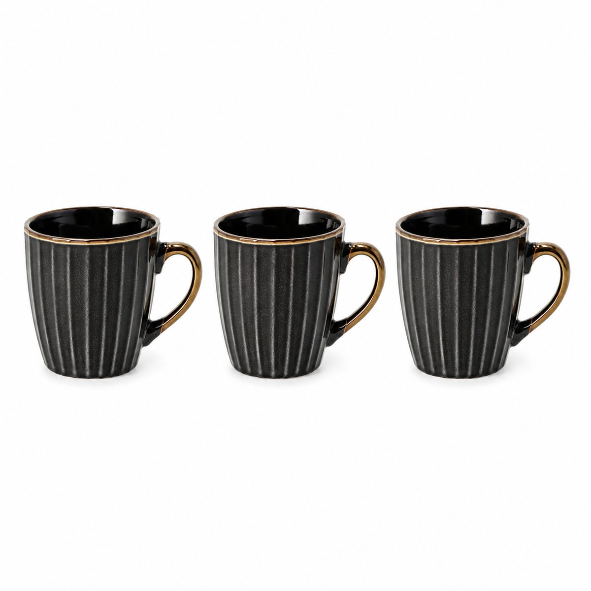 Koffiemokken 200ml Set van 3 – Zwart Gouden Mokken met Oor – Keramische Koffiemokken, Cappuccino Kopjes, Koffiekopjes, Theekopjes en Koffiebekers