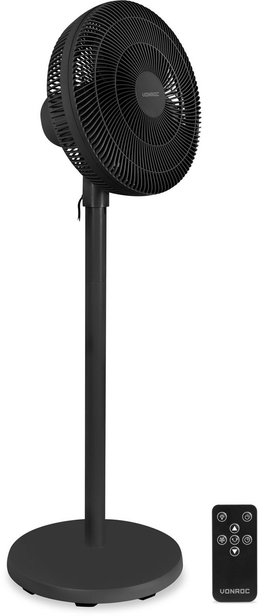 VONROC Vloerventilator - 3 snelheden – incl. afstandsbediening - timer - verstelbaar in 3 hoogtes - zwart