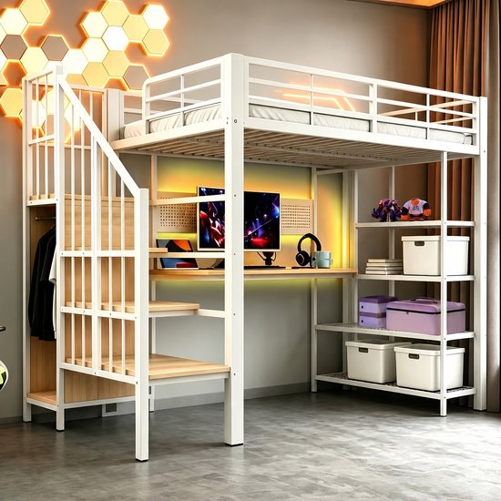 MODENUIT Hoogslaper 90x200 cm – Met bureau, trap en opbergtreden – Ledverlichting en stopcontact – Zonder matras – Wit