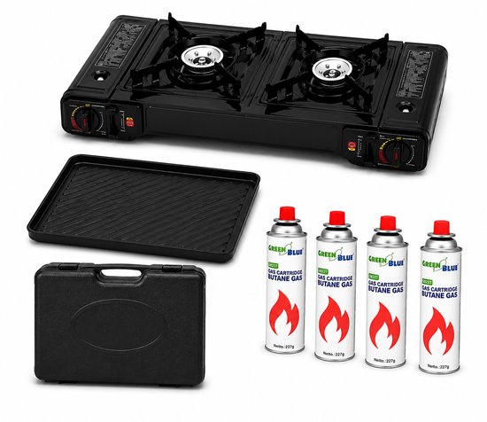 Zwarte dubbele draagbare gasfornuis, grillplaat, draagtas en vier gaspatronen.