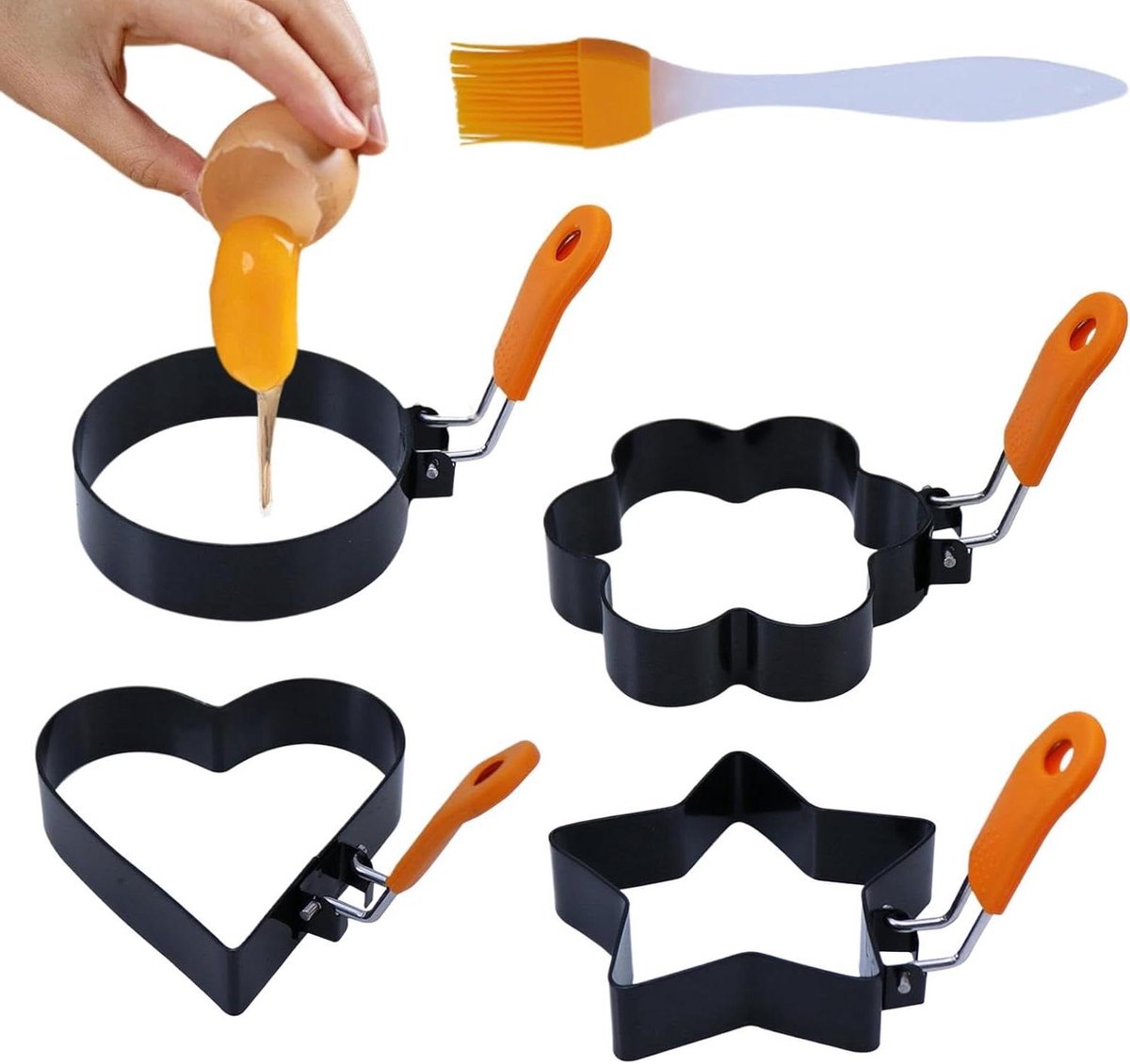Eierringen RVS - Kookvorm gebakken ei - Ontbijt maken - Vier leuke vormen - 3 inch - Zwart