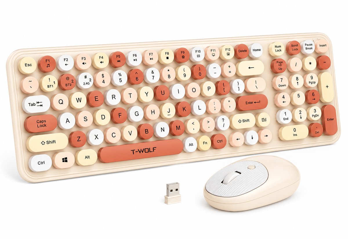 Draadloos Toetsenbord en Muis Set TF350 – 2.4GHz – Retro Ronde Toetsen – Volledig Toetsenbord met Numpad – Stil – Beige/Koraal