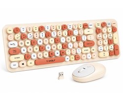 Draadloos Toetsenbord en Muis Set TF350 – 2.4GHz – Retro Ronde Toetsen – Volledig Toetsenbord met Numpad – Stil – Beige/Koraal