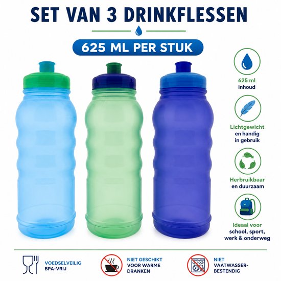 Benza Drinkflessen Set van 3 – 625 ml – Bidons / Sportbidons – Herbruikbare Waterflessen – blauw, groen & donkerblauw – Voor School, Sport, Fitness & Onderweg — afbeelding 5