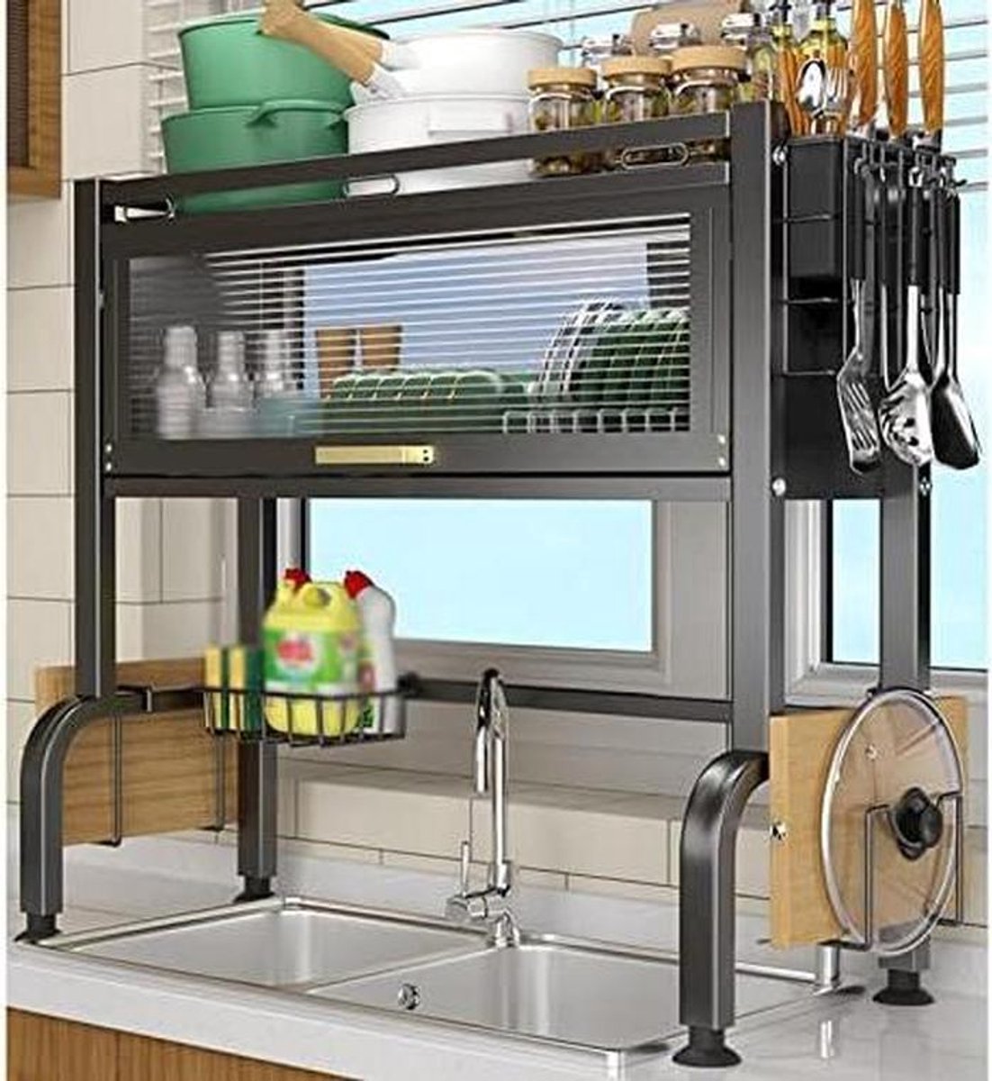 Afwasdroogrek Boven Gootsteen - Keuken Organizer - Keuken Opbergen - Verstelbaar & Ruimtebesparend - 65-85 cm Breed - Zwart