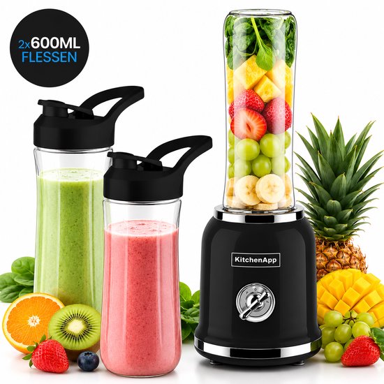 KitchenApp Retro blender to go - Inclusief Ebook - Smoothie maker - Inclusief twee bekers en meerdere accessoires - Zwart