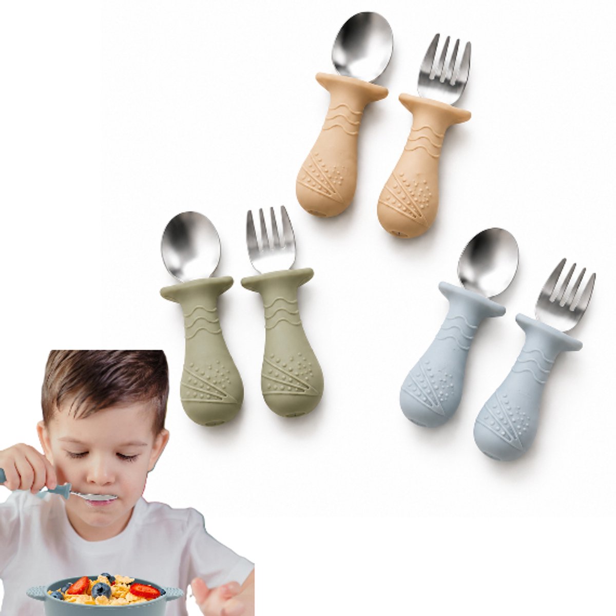 6 Stuks kinderbestek - Baby Bestek - Lepels & Vorken - anti-choke ontwerp - Siliconen & RVS - BPA-Vrij - LOUZIR