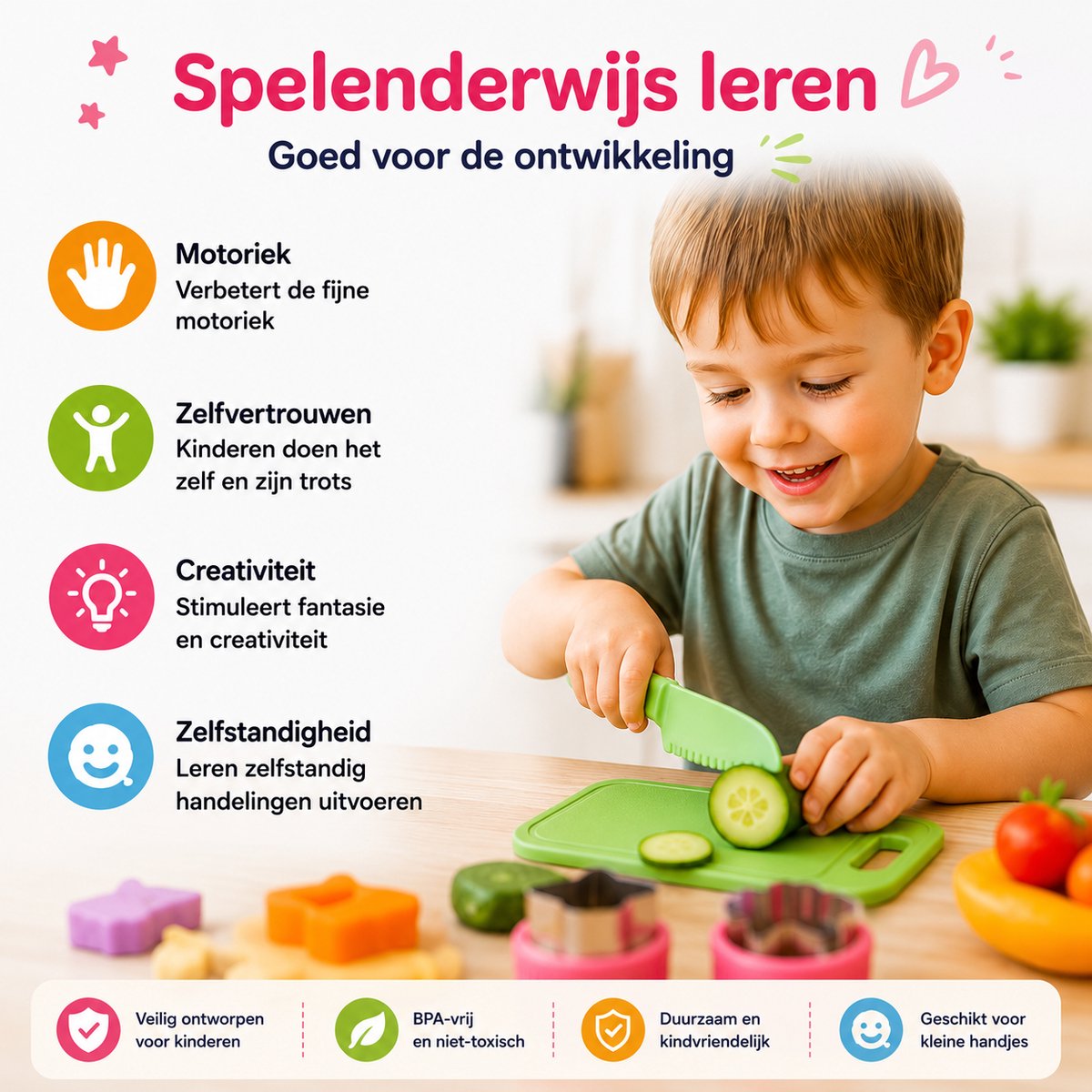 Joybelli® Kinderkeuken Set 14-delig | Kindermessen | Snijplank | Dunschiller | Uitsteekvormpjes | Veilig Kookgerei voor Kinderen — afbeelding 7
