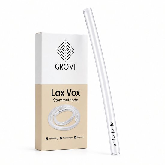 Grovi Lax Vox stemapparaat met verpakking en een helder rietje met markeringen.