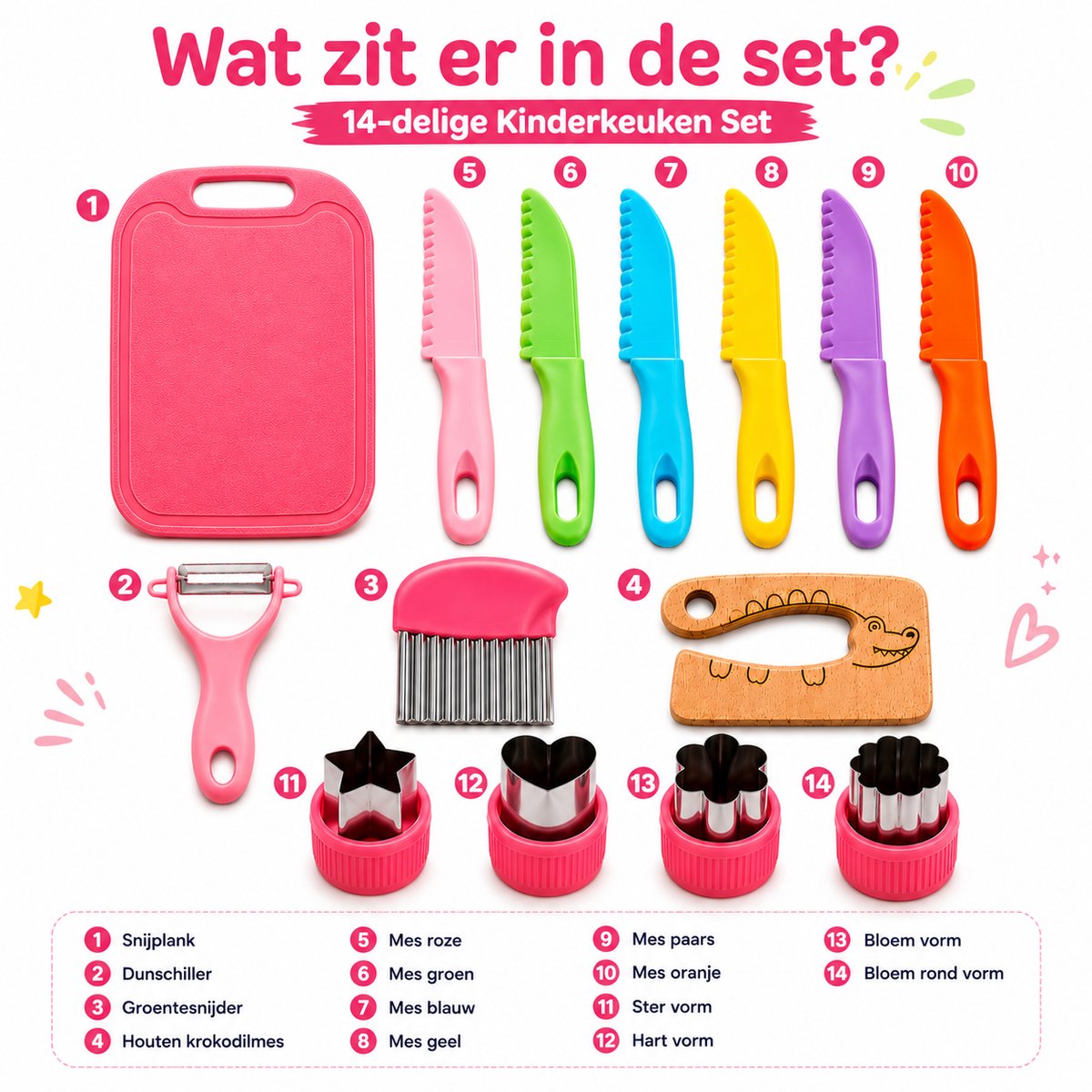 Joybelli® Kinderkeuken Set 14-delig | Kindermessen | Snijplank | Dunschiller | Uitsteekvormpjes | Veilig Kookgerei voor Kinderen — afbeelding 2