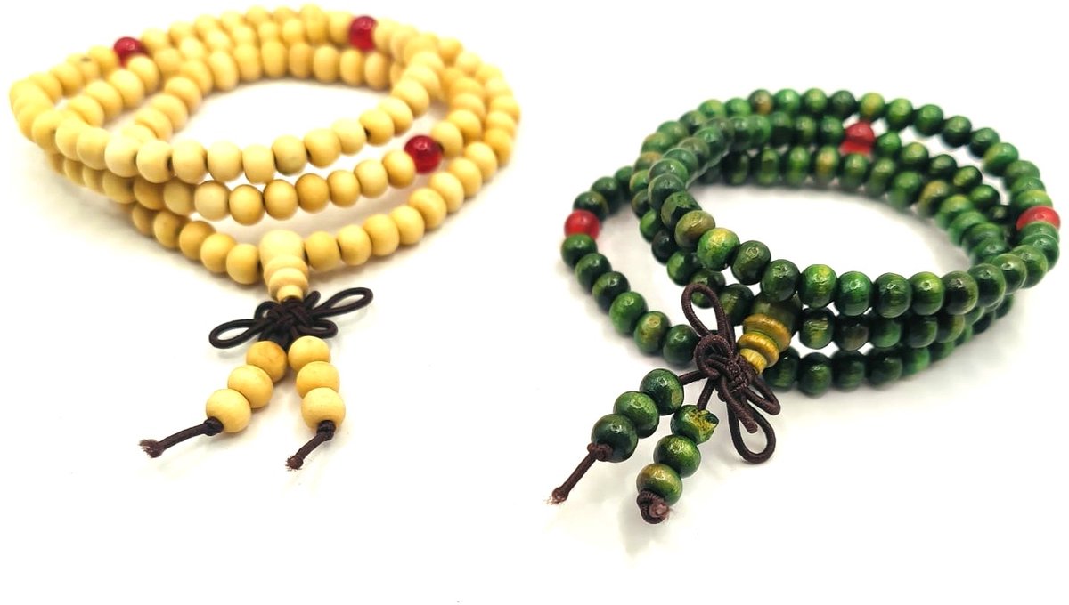 Houten Mala set van 2 - 108 kralen ketting groen ivoorwit - Gebedsketting hout kleine kraal