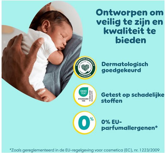 Een baby slaapt op de arm van een volwassene. Dermatologisch goedgekeurd en getest op schadelijke stoffen, 0% EU-parfumaromagenen.
