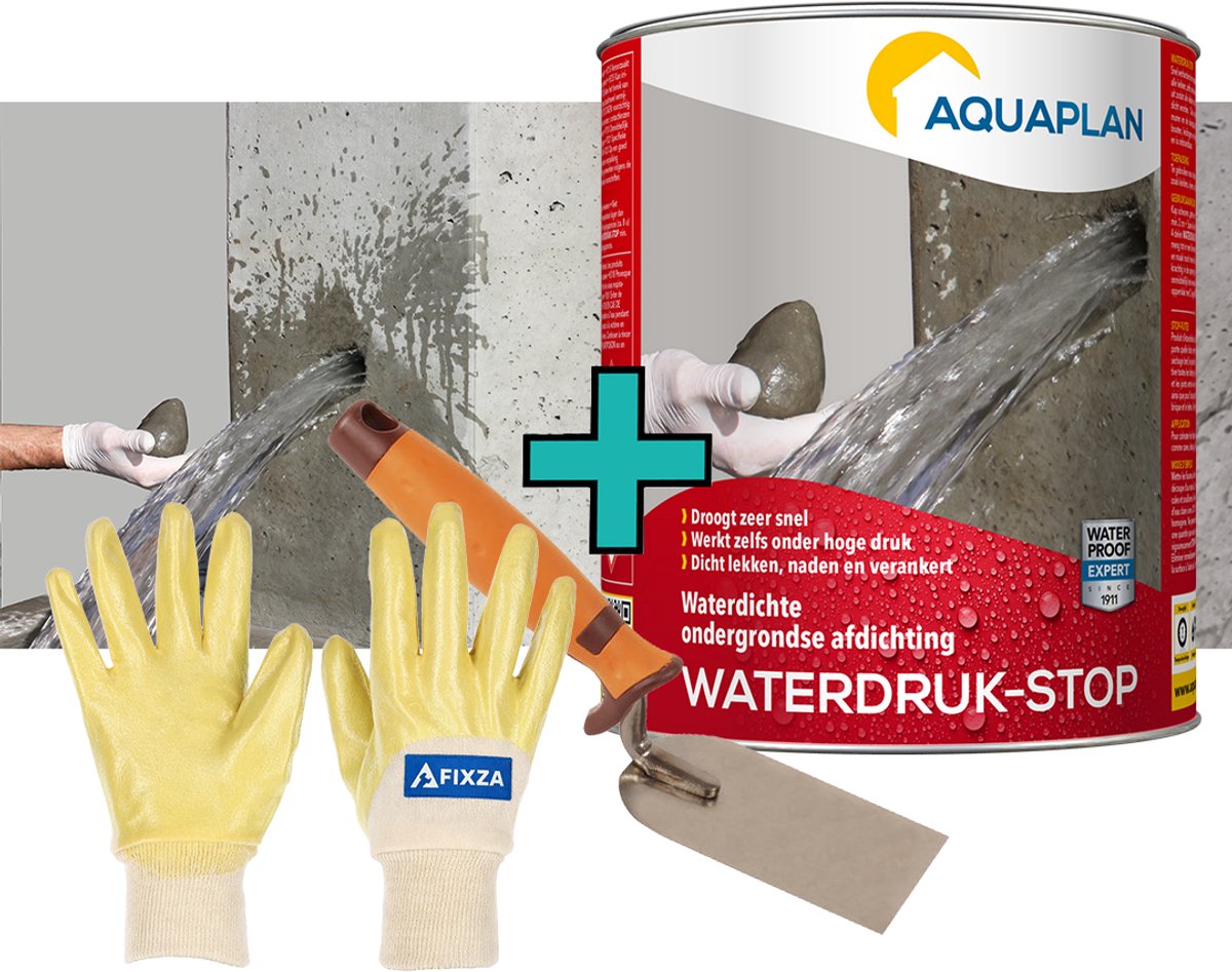 AQUAPLAN Waterdruk-Stop – set – Snelhardend Waterdicht Cement voor Actieve Lekken in Kelder, Beton en Metselwerk – 1 kg
