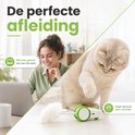 Een vrouw werkt aan een laptop terwijl een kat speelt met een witte en groene robotmuis.