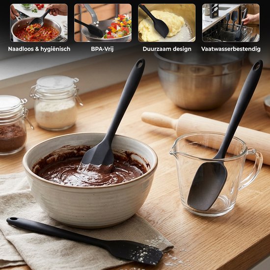 HI NATURE™ Spatel set 3 stuks - Spatel silicone - Siliconen spatel set BPA vrij - Spatelset - Keukenspatel - Pannenlikker - Bakspaan - Keukengerei set | hittebestendig - Anti-aanbak - Keuken gerei (Zwart)