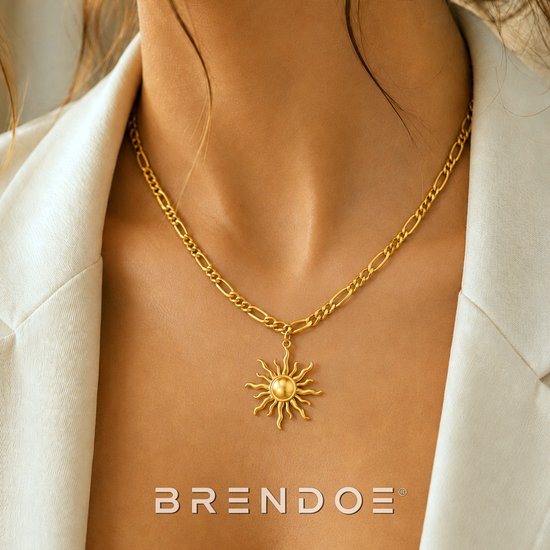 Brendoe Goudkleurige Zon Ketting Unisex – 18K Vergulde RVS Figaro Ketting – Zon Hanger