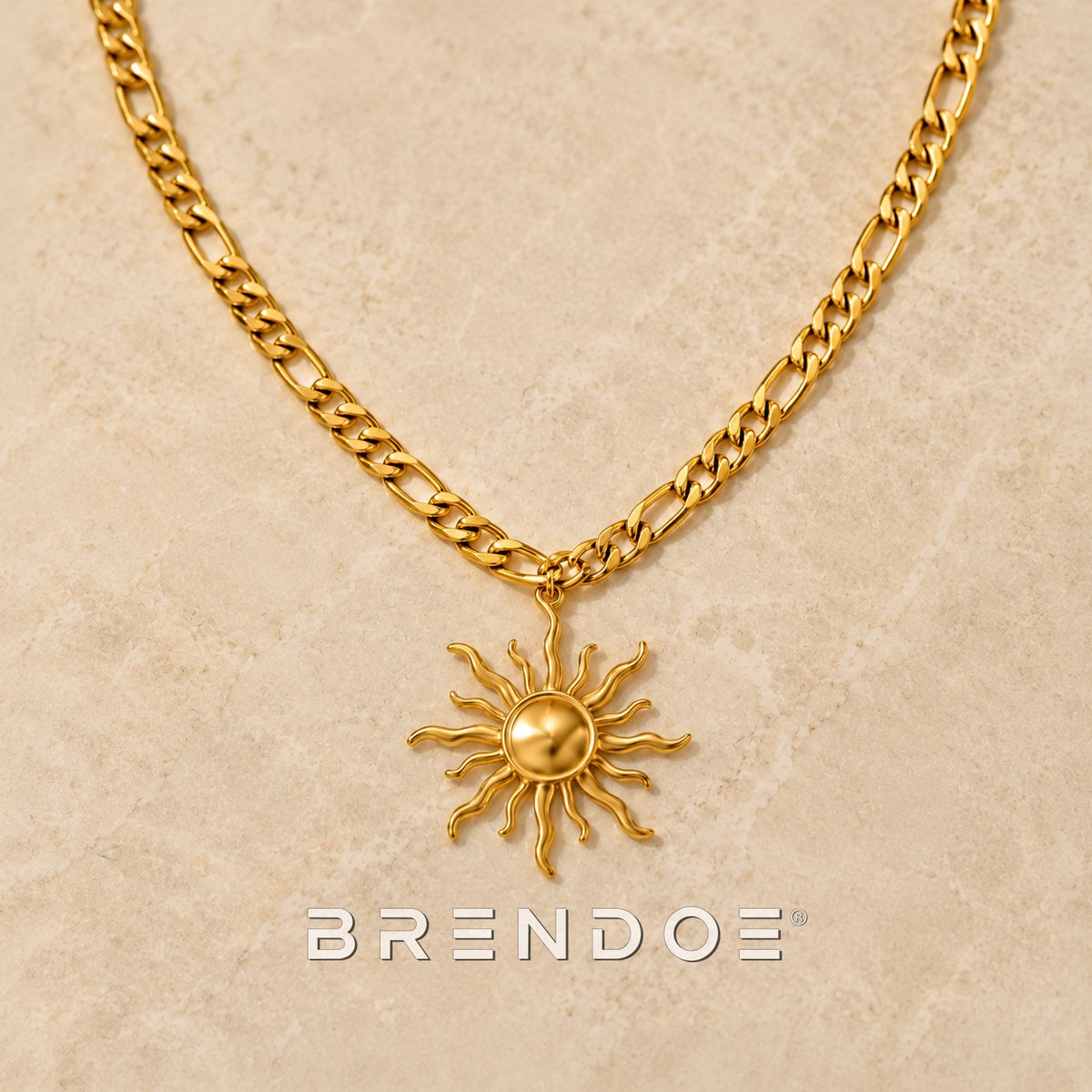Brendoe Goudkleurige Zon Ketting Unisex – 18K Vergulde RVS Figaro Ketting – Zon Hanger
