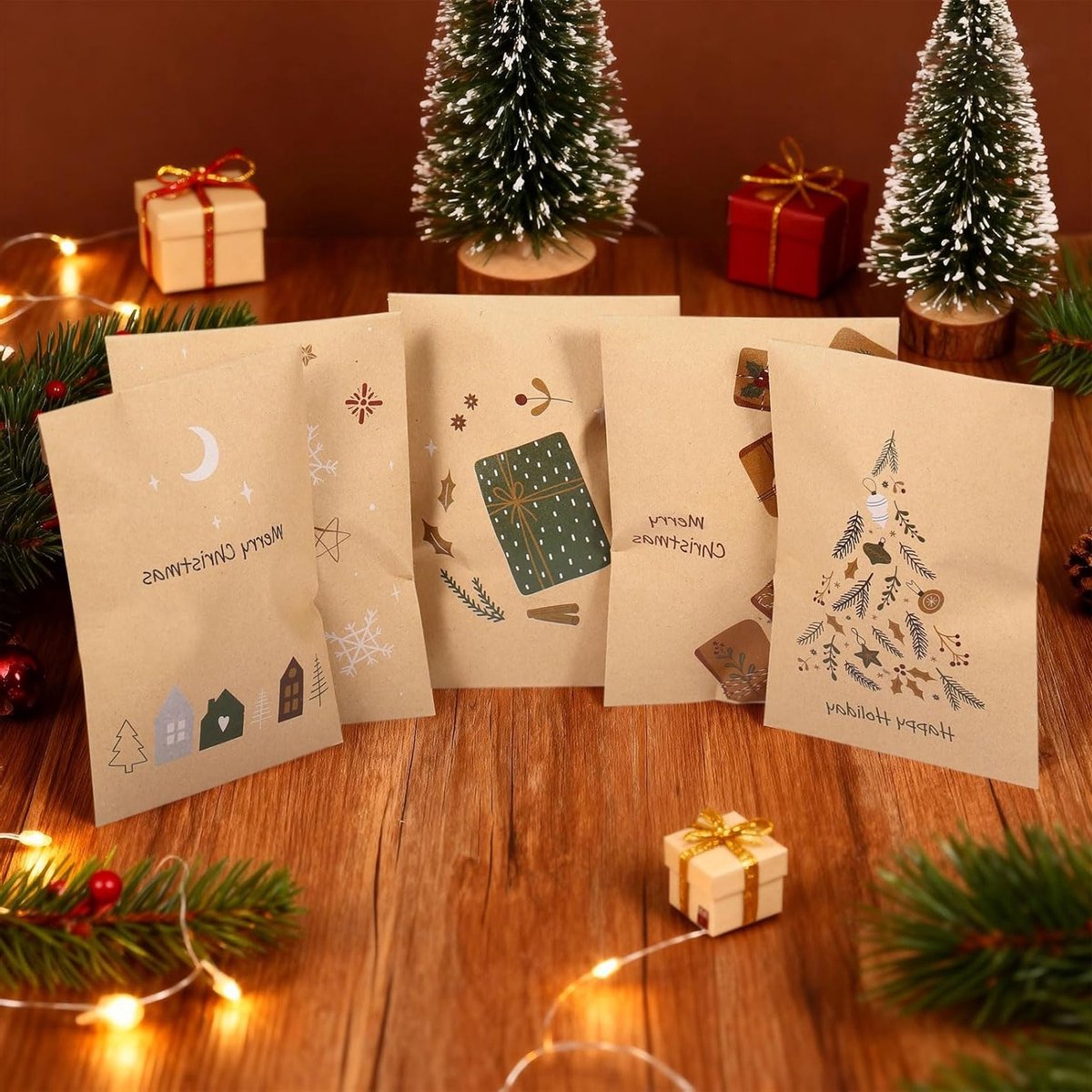 Kerstcadeauzakjes, Kleine Papieren Tassen voor Geschenken, 48 Stuks, 11.2 x 8 cm, Adventskalender Tassen, Mini Kerstgiftzakjes met Stickers, Perfect voor Feestdagen