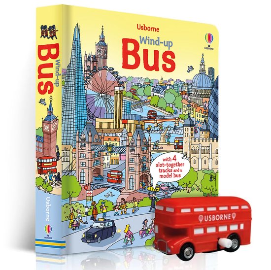 Usborne Wind-up Bus: een boek met een rood dubbeldekker modelbus en 4 sporen.