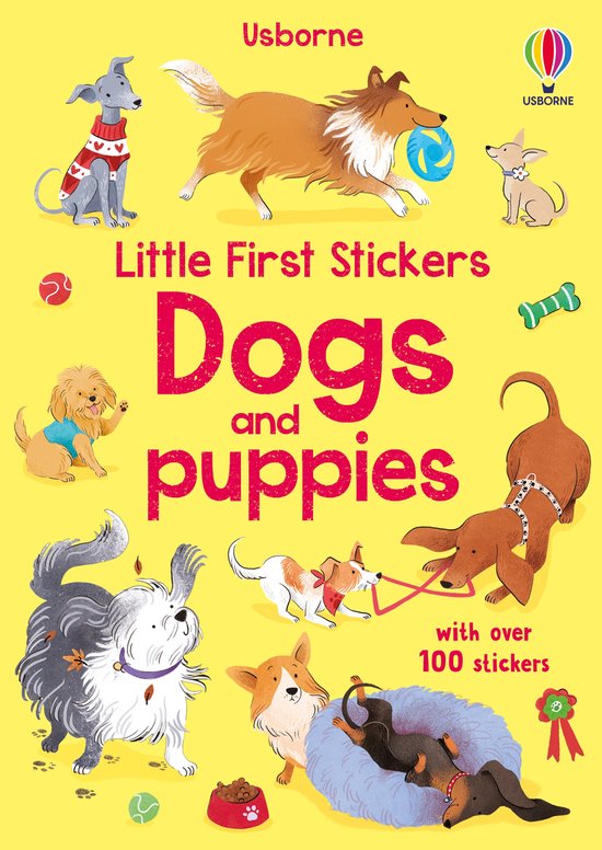 Cover van 'Little First Stickers Dogs and Puppies' met diverse honden en puppy's.