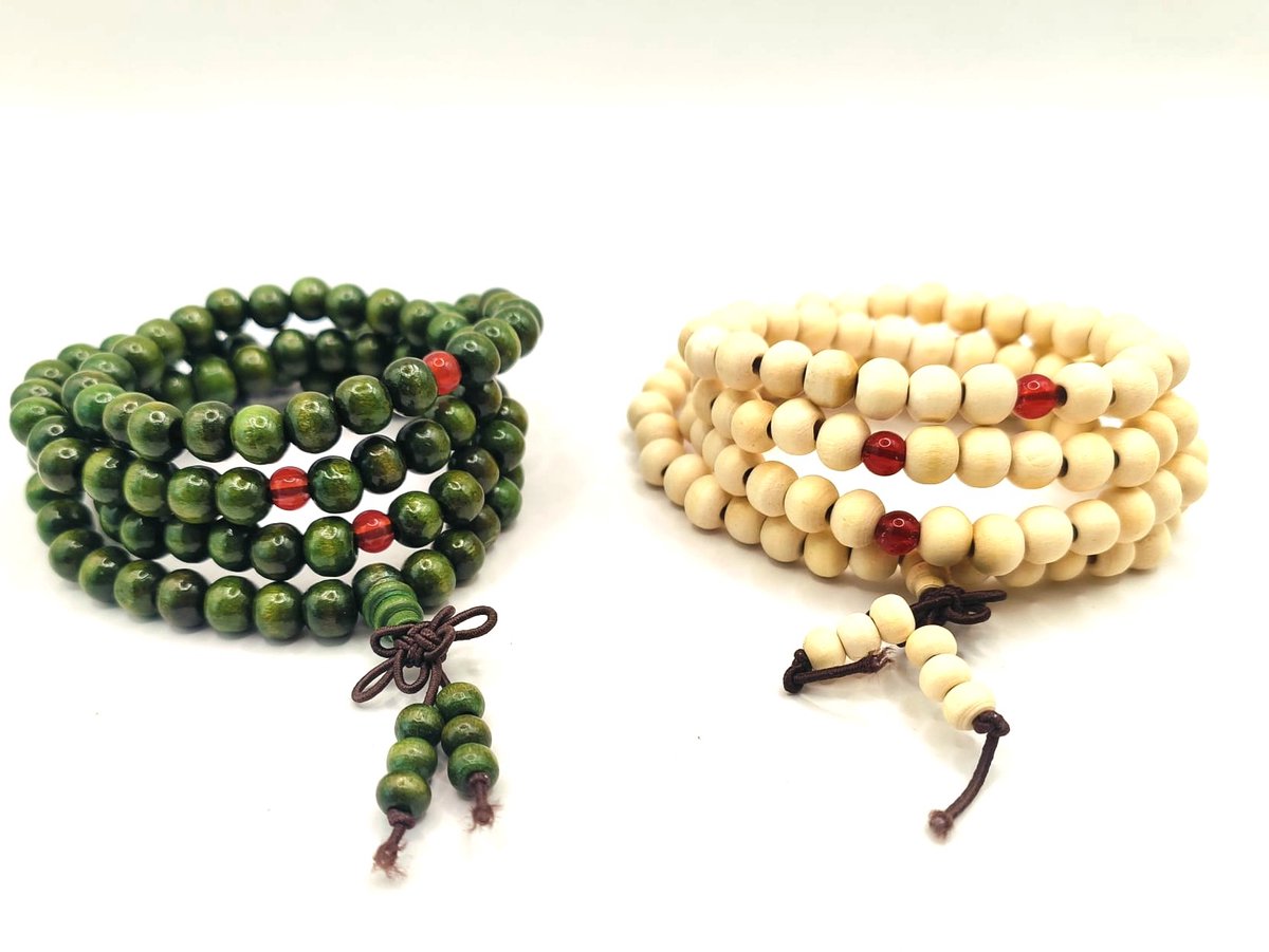 Houten Mala set van 2 - 108 kralen gebedsketting - Mala groen en wit 8mm kralen