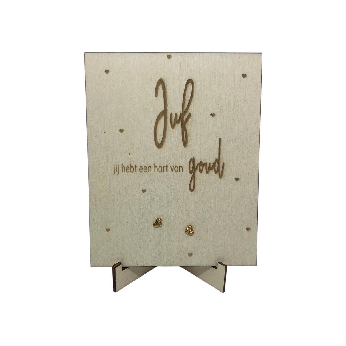 Oorbellen en houten kaartje JUF | hartje | lieve juf | jij bent de liefste | liefste juf | topjuf | einde schooljaar | cadeau