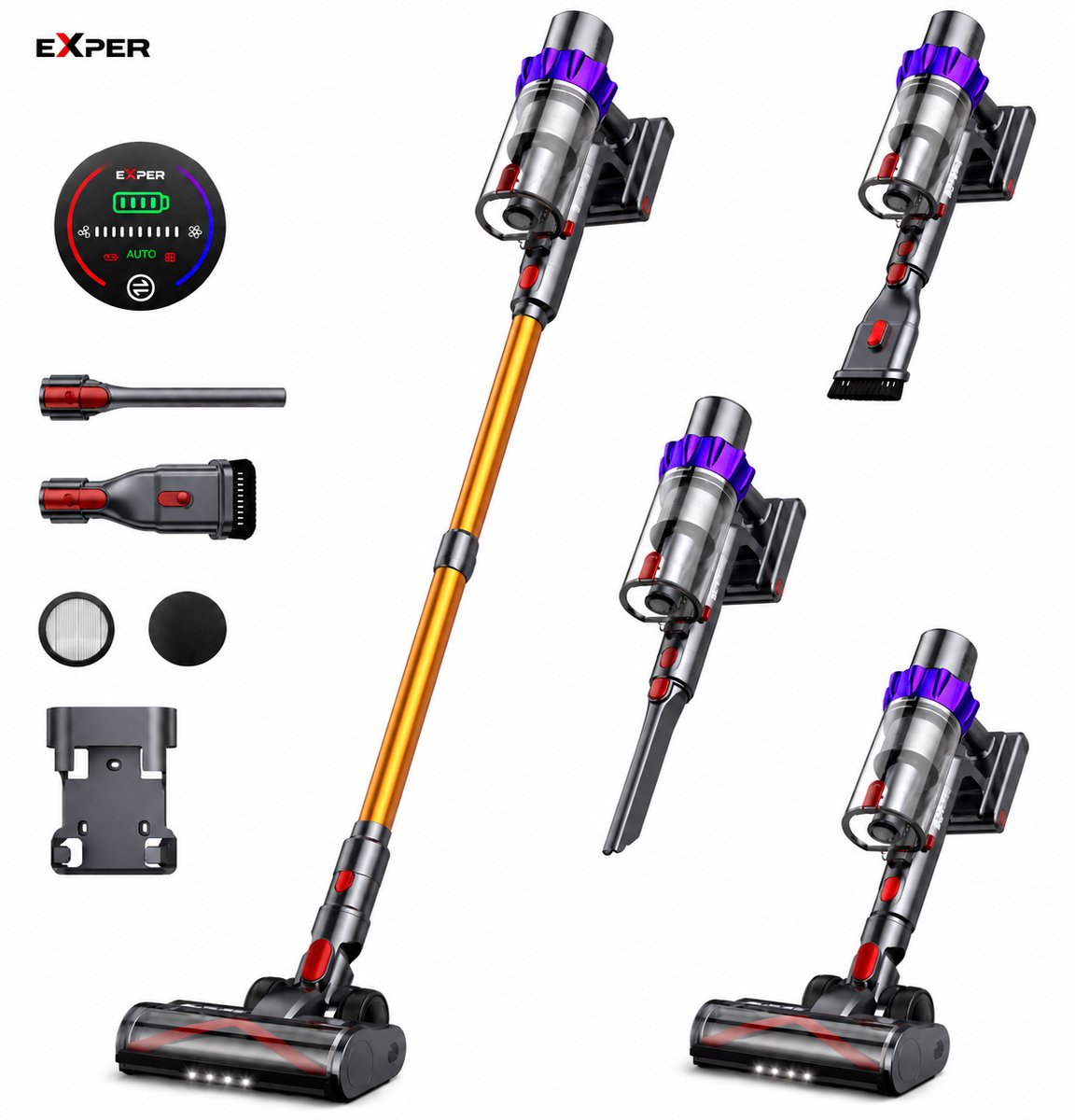 EXPER - Steelstofzuiger Draadloos - Zonder Zak - Met 3 Opzet Stukken - Snoerloze Stofzuiger - Handheld - 500W - 48 KPA Zuigkracht -1.2 Liter Stofbak - Verwijderbare Accu