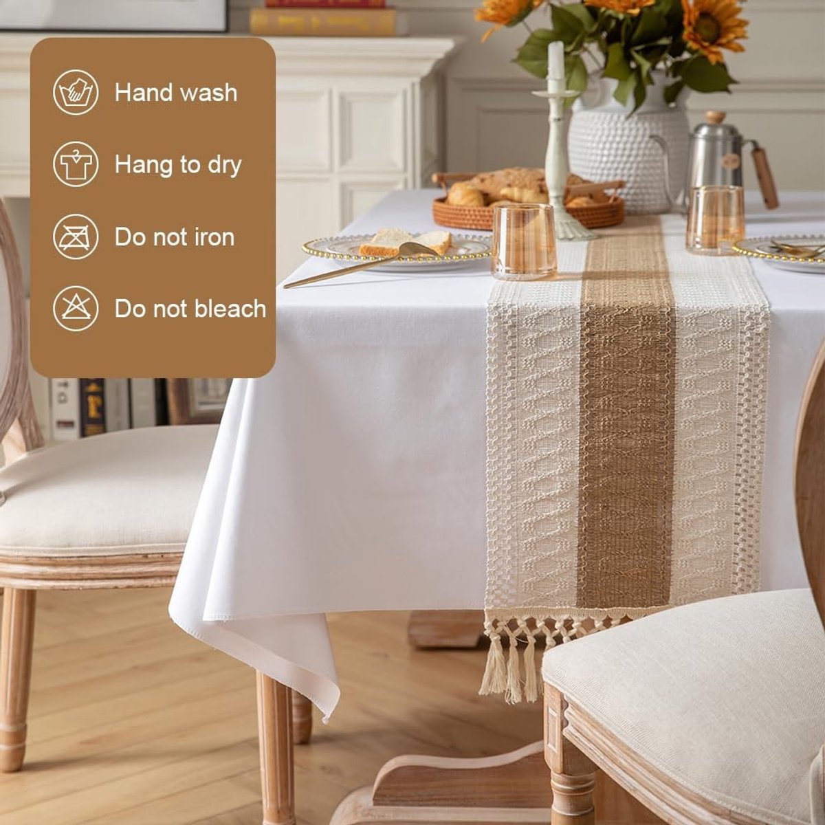 MTTproducts- Tafelloper Bohemian Stijl - Hoogwaardig Linnen - Met Kwastjes - Rustieke Tafeldecoratie - Milieuvriendelijk - Geschikt voor Bruiloften - Tafelkleed