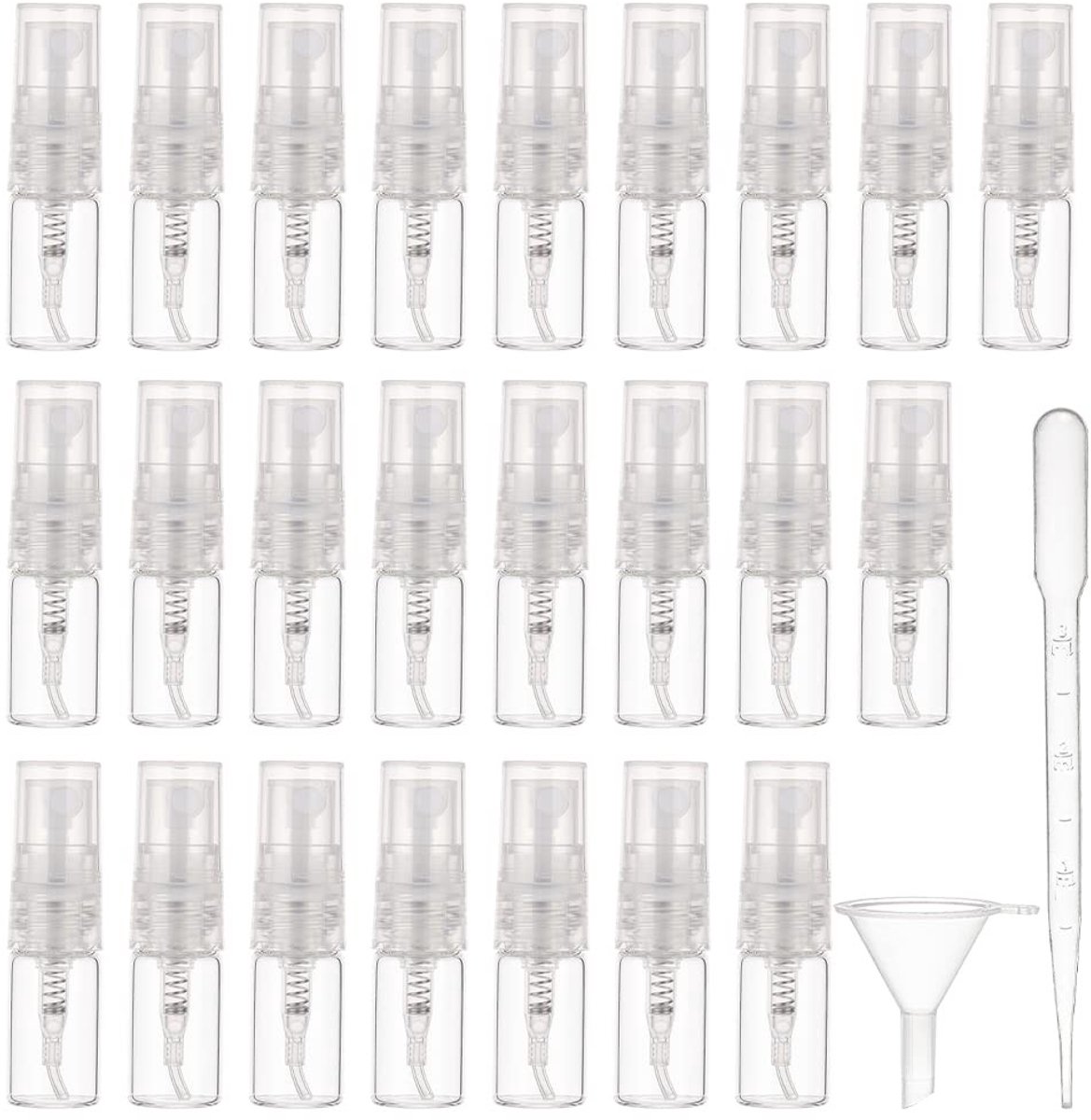 Dailygoods- Spuitflessen 40 stuks - Mini 2 ml - Navulbare Monsterfles - Transparant Kunststof Deksel - Pipetten/ Trechters - Fijne Nevel - Verstuiver