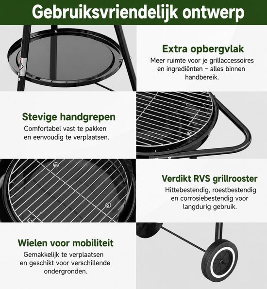Homelux Draagbare houtskoolgrill + BBQ-spies met bevestigingsclips - Ronde grill met wielen en windscherm - BBQ - Hoogte verstelbaar - roestvrijstalen rooster voor tuin en camping van homelux — afbeelding 2