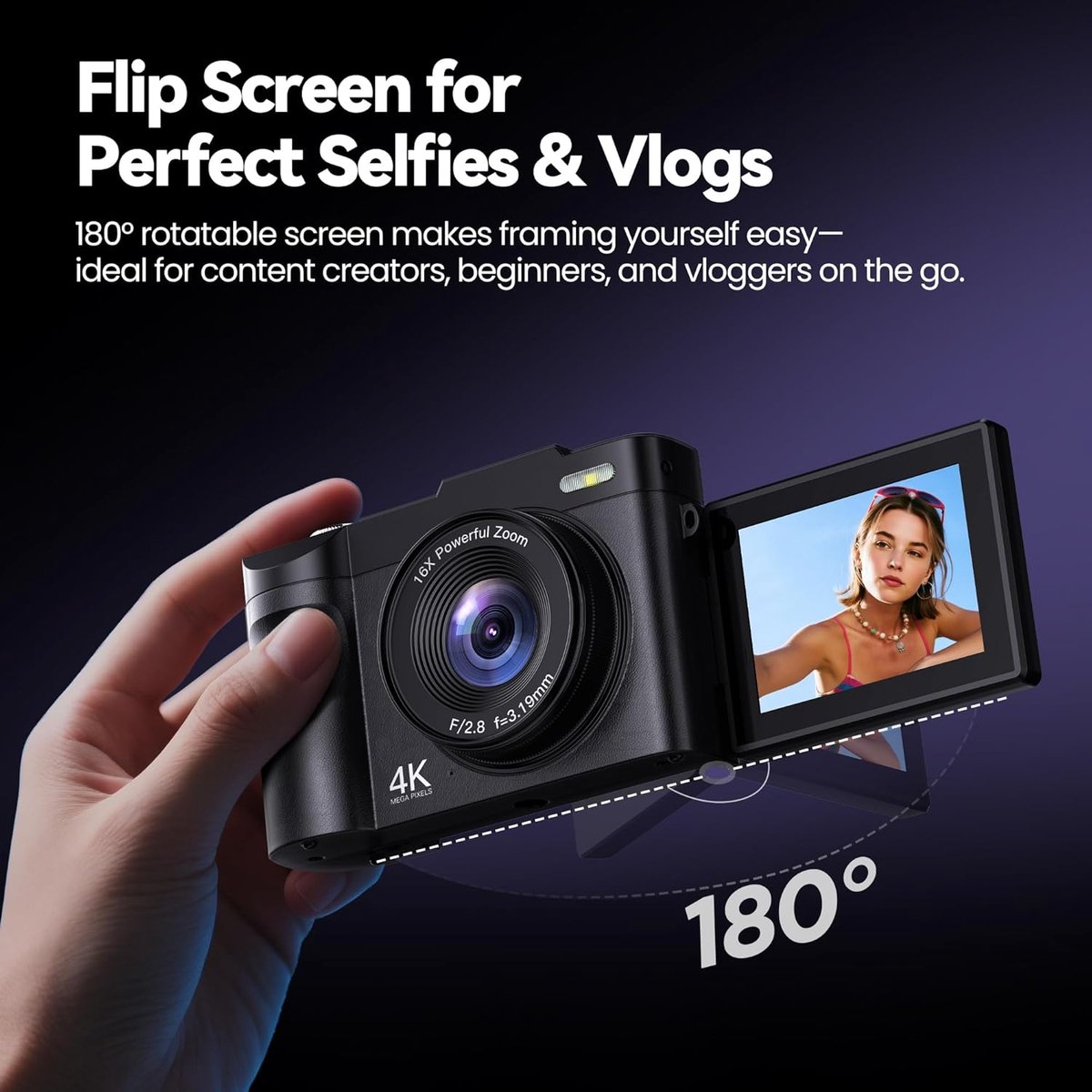 Fiona Digitale camera 4K voor fotografie vlogging: 48MP camera's voor video - 16x zoom fotocamera geschenken voor tieners van 8-16 jaar thumbnail 5