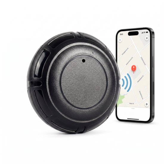 Zwarte tracker met ribbelpatroon naast een smartphone met kaart.