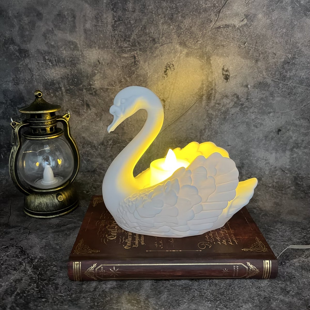 Witte Zwaan Beeldje, Theelicht Houder - 12x14 cm