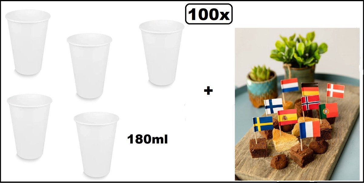 100x Beker karton wit 180ml + 100x cocktail vlagprikker international - International WK limonade thee soep fris drank thema feest festival chocomel yogi party snacks