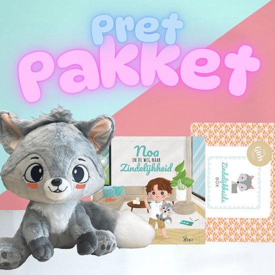 Zacht grijze wolfknuffel naast een kinderboek met de titel 'Noa en de weg naar zindelijkheid'.