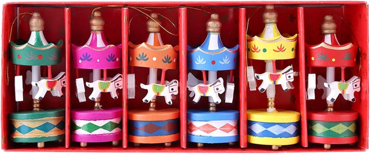 Vintage Houten Muziekdoos Carousel Paard Set van 6 - Mini Pendant Versiering voor Kerst en Verjaardag, Perfect voor Kinderen