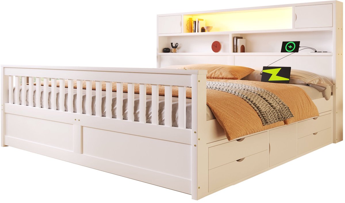 Merax Tweepersoonsbed 180x200 met Opbergruimte - 4 Lades - LED Verlichting met Afstandsbediening - USB Oplaadfunctie - Houten Lattenbodem - Wit